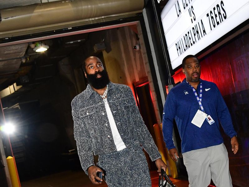 LOS ANGELES, CA - JANUARY 17: James Harden #1 of the Philadelphia 76ers arrives to the arena before the game against the LA Clippers on January 17, 2023 at Crypto.Com Arena in Los Angeles, California. NOTE TO USER: User expressly acknowledges and agrees that, by downloading and/or using this Photograph, user is consenting to the terms and conditions of the Getty Images License Agreement. Mandatory Copyright Notice: Copyright 2023 NBAE (Photo by Adam Pantozzi/NBAE via Getty Images)