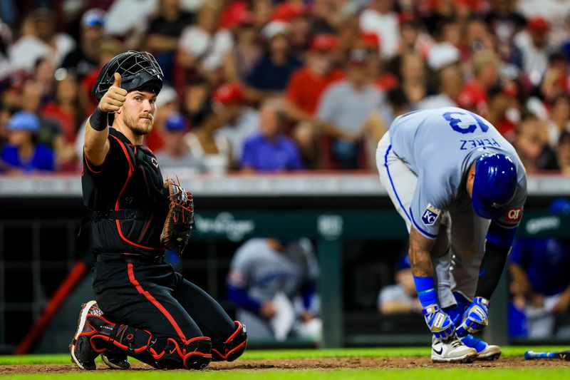 Aug 16, 2024; Cincinnati, Ohio, USA; Cincinnati Reds catcher Tyler Stephenson (37) reacts after a play in the eighth inning against the Kansas City Royals at Great American Ball Park. Mandatory Credit: Katie Stratman-USA TODAY Sports