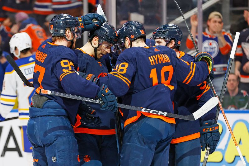 Mar 21, 2024; Edmonton, Alberta, CAN; The Edmonton Oilers celebrate a goal scored by forward Leon Draisaitl (29) during the first period against the Buffalo Sabres at Rogers Place. Mandatory Credit: Perry Nelson-USA TODAY Sports