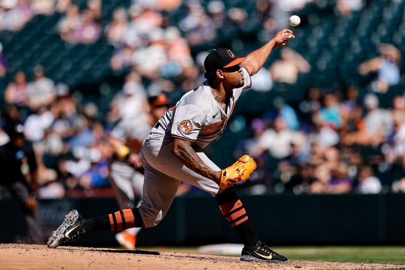 Sep 1, 2024; Denver, Colorado, USA; Baltimore Orioles relief pitcher Gregory Soto (65) pitches in the ninth inning against the Colorado Rockies at Coors Field. Mandatory Credit: Isaiah J. Downing-USA TODAY Sports