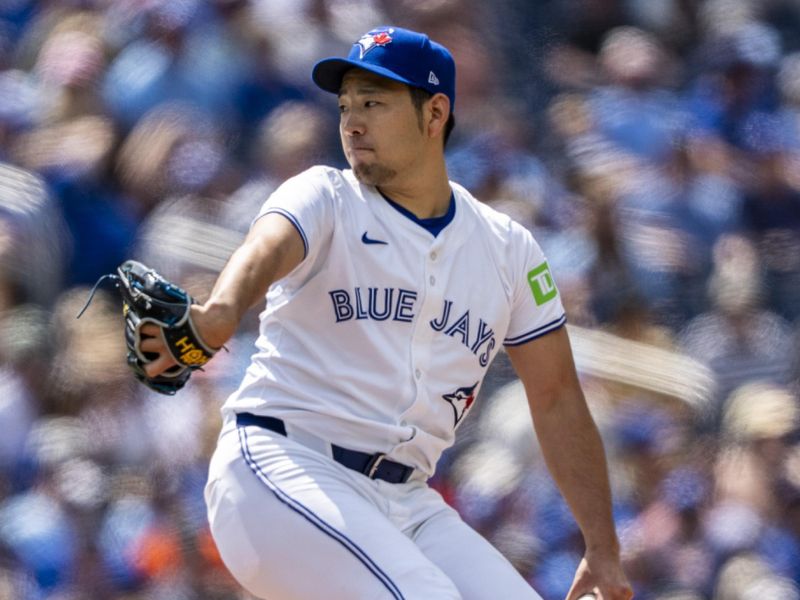 Jul 20, 2024; Toronto, Ontario, CAN; Toronto Blue Jays pitcher Yusei Kikuchi (16) pitches to the Detroit Tigers during the first inning at Rogers Centre. Mandatory Credit: Kevin Sousa-USA TODAY Sports