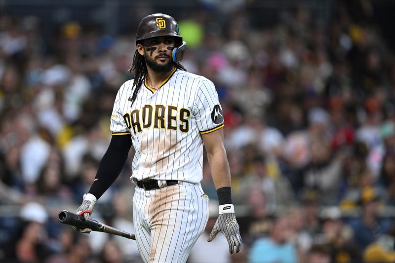 Jun 24, 2023; San Diego, California, USA; San Diego Padres right fielder Fernando Tatis Jr. (23) walks to the dugout after striking out against the Washington Nationals during the eighth inning at Petco Park. Mandatory Credit: Orlando Ramirez-USA TODAY Sports