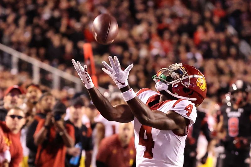 Oct 15, 2022; Salt Lake City, Utah, USA; USC Trojans wide receiver Mario Williams (4) makes a catch against the Utah Utes in the second quarter at Rice-Eccles Stadium. Mandatory Credit: Rob Gray-USA TODAY Sports