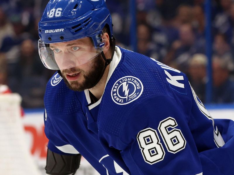 Apr 15, 2024; Tampa, Florida, USA;  Tampa Bay Lightning right wing Nikita Kucherov (86) skates against the Buffalo Sabres during the first period at Amalie Arena. Mandatory Credit: Kim Klement Neitzel-USA TODAY Sports