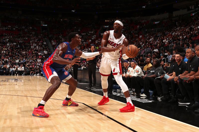 MIAMI, FL - OCTOBER 28: Bam Adebayo #13 of the Miami Heat looks to pass the ball during the game against the Detroit Pistons on October 28, 2024 at Kaseya Center in Miami, Florida. NOTE TO USER: User expressly acknowledges and agrees that, by downloading and or using this Photograph, user is consenting to the terms and conditions of the Getty Images License Agreement. Mandatory Copyright Notice: Copyright 2024 NBAE (Photo by Issac Baldizon/NBAE via Getty Images)