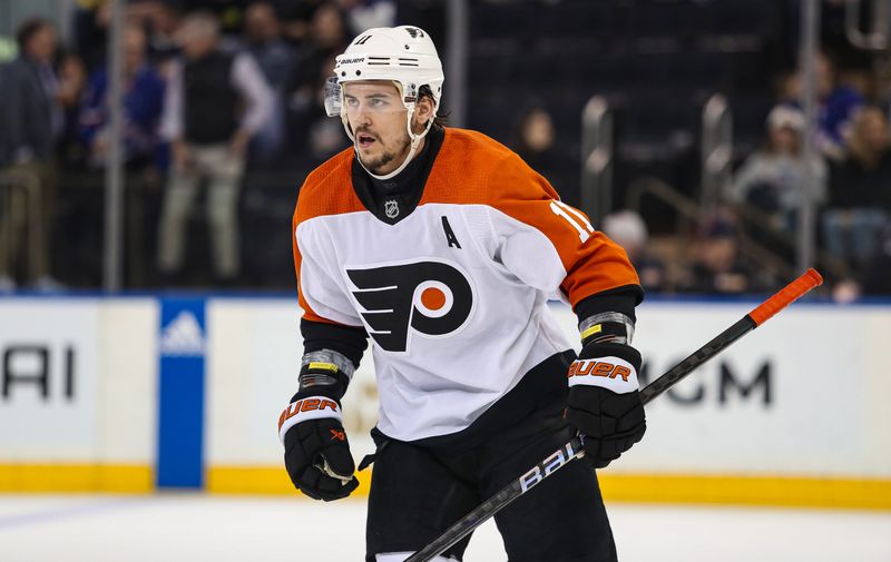 Apr 11, 2024; New York, New York, USA; Philadelphia Flyers center Travis Konecny (11) celebrates his goal against the New York Rangers during the second period at Madison Square Garden. Mandatory Credit: Danny Wild-USA TODAY Sports