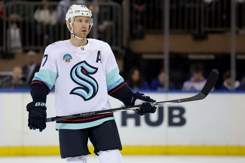 Jan 16, 2024; New York, New York, USA; Seattle Kraken center Jaden Schwartz (17) skates against the New York Rangers during the second period at Madison Square Garden. Mandatory Credit: Brad Penner-USA TODAY Sports