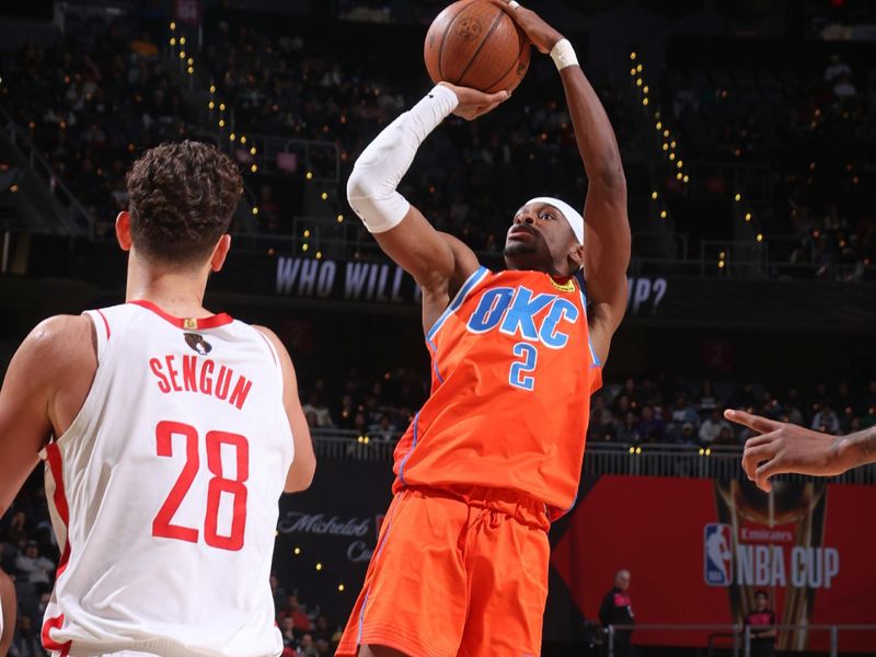 LAS VEGAS, NV - DECEMBER 14: Shai Gilgeous-Alexander #2 of the Oklahoma City Thunder shoots the ball during the game against the Houston Rockets  during the Emirates NBA Cup Semifinal game on December 14, 2024 at T-Mobile Arena in Las Vegas, Nevada. NOTE TO USER: User expressly acknowledges and agrees that, by downloading and/or using this Photograph, user is consenting to the terms and conditions of the Getty Images License Agreement. Mandatory Copyright Notice: Copyright 2024 NBAE (Photo by Nathaniel S. Butler/NBAE via Getty Images)