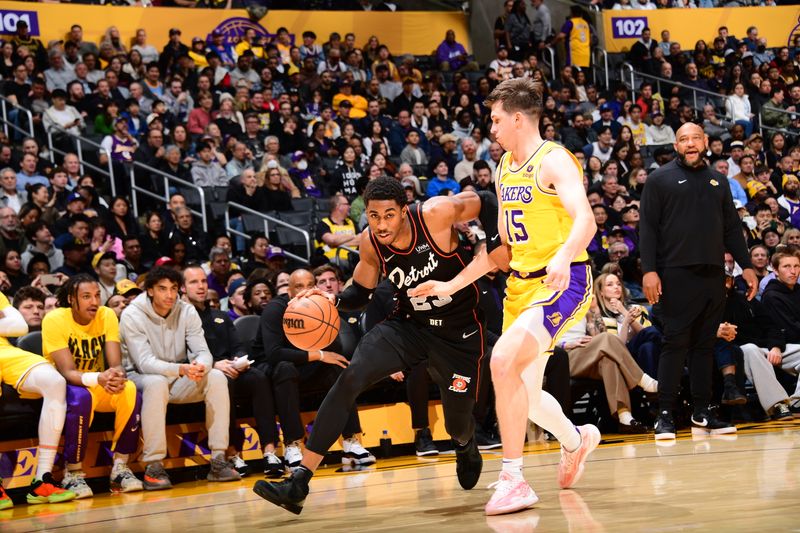 LOS ANGELES, CA - February 13: Jaden Ivey #23 of the Detroit Pistons dribbles the ball during the game against the Los Angeles Lakers on February 13, 2024 at Crypto.Com Arena in Los Angeles, California. NOTE TO USER: User expressly acknowledges and agrees that, by downloading and/or using this Photograph, user is consenting to the terms and conditions of the Getty Images License Agreement. Mandatory Copyright Notice: Copyright 2024 NBAE (Photo by Adam Pantozzi/NBAE via Getty Images)