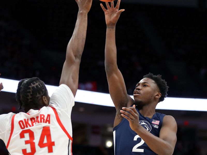 Jan 20, 2024; Columbus, Ohio, USA;  Penn State Nittany Lions guard D'Marco Dunn (2) shoots the basketball as Ohio State Buckeyes center Felix Okpara (34) defends during the first half at Value City Arena. Mandatory Credit: Joseph Maiorana-USA TODAY Sports