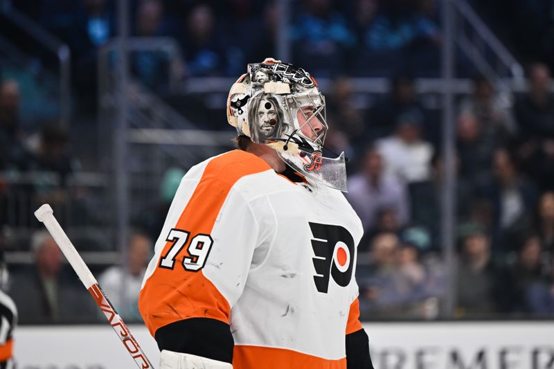 Feb 16, 2023; Seattle, Washington, USA; Philadelphia Flyers goaltender Carter Hart (79) during the first period Seattle Kraken at Climate Pledge Arena. Mandatory Credit: Steven Bisig-USA TODAY Sports