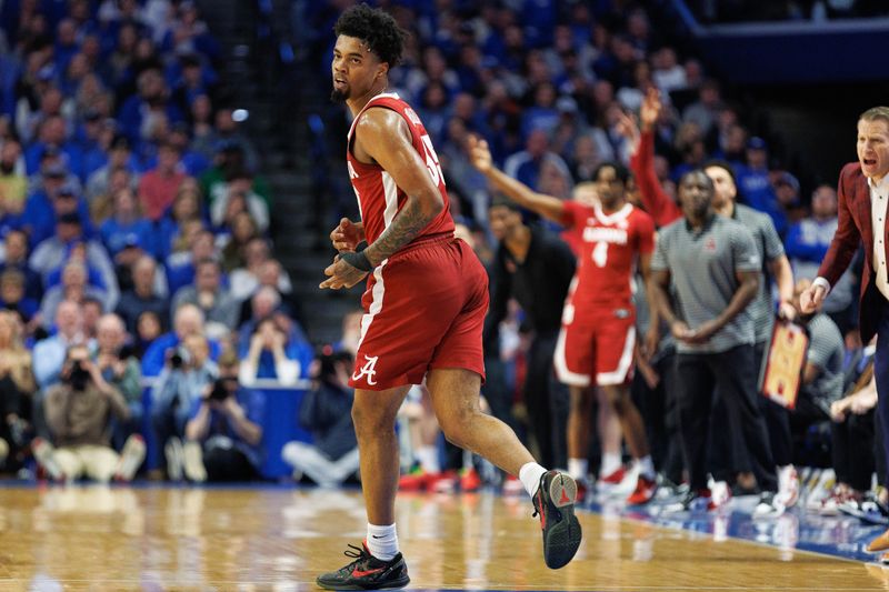 Feb 24, 2024; Lexington, Kentucky, USA; Alabama Crimson Tide guard Aaron Estrada (55) runs down the court after making a three point basket during the first half against the Kentucky Wildcats at Rupp Arena at Central Bank Center. Mandatory Credit: Jordan Prather-USA TODAY Sports