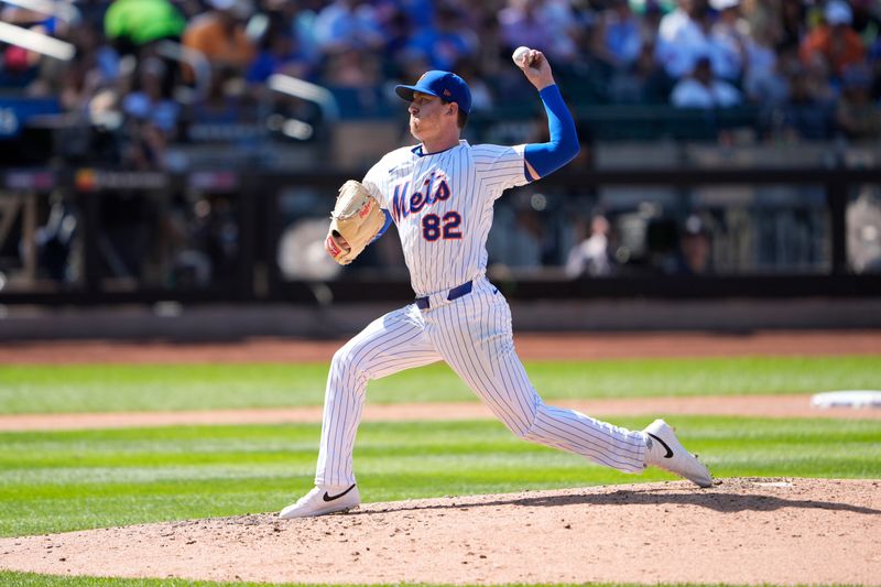 Aug 31, 2025; New York City, New York, USA; New York Mets pitcher Brandon Waddell (82) delivers a pitch against the Miami Marlins during the fifth inning at Citi Field. Mandatory Credit: Gregory Fisher-Imagn Images