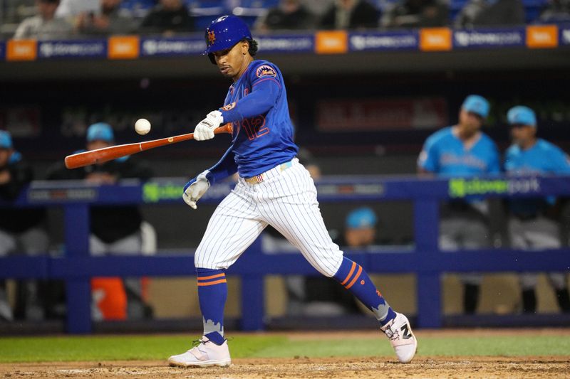 Mar 3, 2025; Port St. Lucie, Florida, USA;  New York Mets shortstop Francisco Lindor (12) swats at a pitch that bounced off the ground in the fourth inning against the Miami Marlins at Clover Park. Mandatory Credit: Jim Rassol-Imagn Images