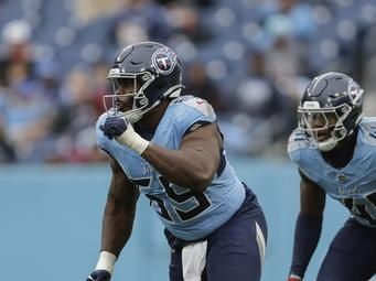 Tennessee Titans defensive end Sebastian Joseph-Day (69) defends during the first half of an NFL football game against the Jacksonville Jaguars, Sunday, Dec. 8, 2024, in Nashville, Tenn. (AP Photo/Stew Milne)