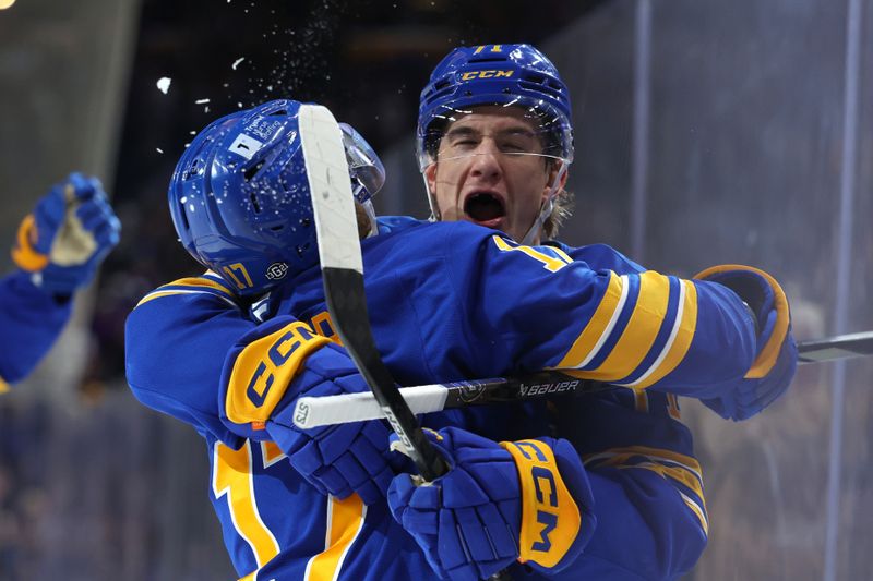 Oct 22, 2024; Buffalo, New York, USA;  Buffalo Sabres center Ryan McLeod (71) celebrates his goal with left wing Jason Zucker (17) during the second period against the Dallas Stars at KeyBank Center. Mandatory Credit: Timothy T. Ludwig-Imagn Images