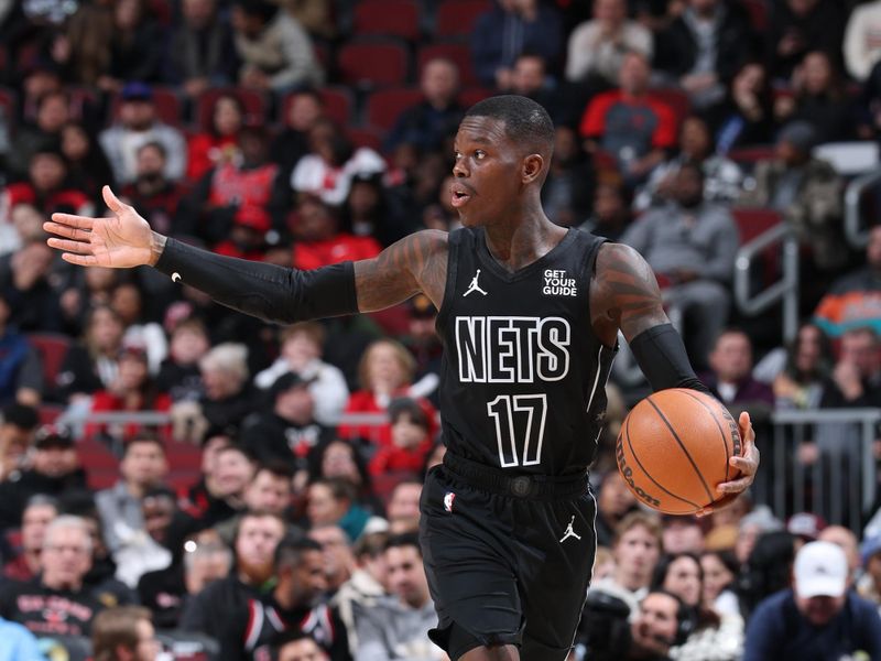 CHICAGO, IL - DECEMBER 2: Dennis Schroder #17 of the Brooklyn Nets dribbles the ball during the game against the Chicago Bulls on December 2, 2024 at United Center in Chicago, Illinois. NOTE TO USER: User expressly acknowledges and agrees that, by downloading and or using this photograph, User is consenting to the terms and conditions of the Getty Images License Agreement. Mandatory Copyright Notice: Copyright 2024 NBAE (Photo by Jeff Haynes/NBAE via Getty Images)