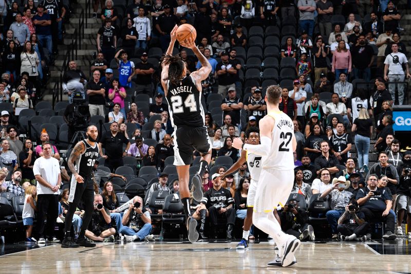 SAN ANTONIO, TX - NOVEMBER 9: Devin Vassell #24 of the San Antonio Spurs shoots the ball during the game against the Utah Jazz on November 9, 2024 at the Frost Bank Center in San Antonio, Texas. NOTE TO USER: User expressly acknowledges and agrees that, by downloading and or using this photograph, user is consenting to the terms and conditions of the Getty Images License Agreement. Mandatory Copyright Notice: Copyright 2024 NBAE (Photos by Logan Riely/NBAE via Getty Images)