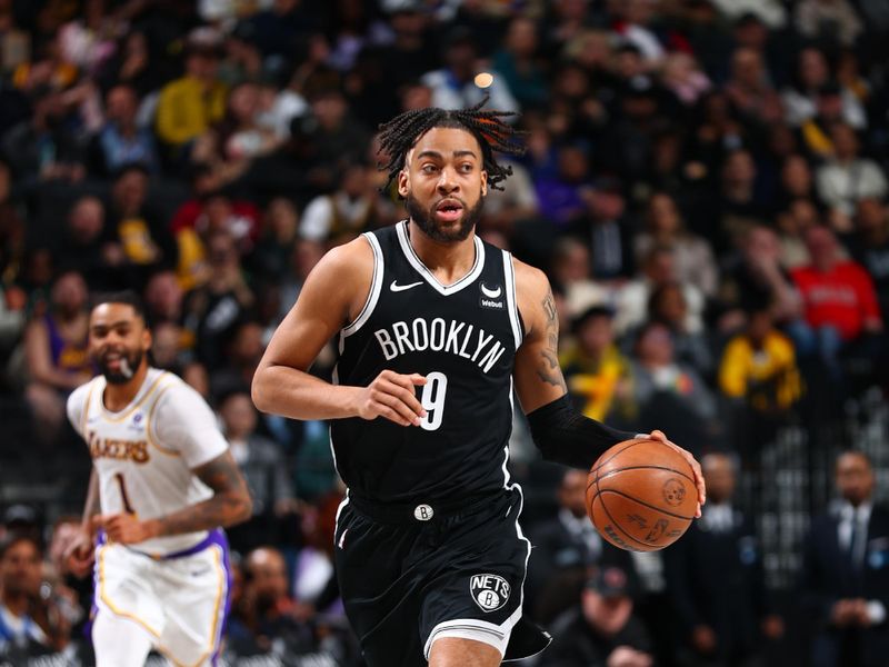 BROOKLYN, NY - MARCH 31: Trendon Watford #9 of the Brooklyn Nets handles the ball during the game  on March 31, 2024 at Barclays Center in Brooklyn, New York. NOTE TO USER: User expressly acknowledges and agrees that, by downloading and or using this Photograph, user is consenting to the terms and conditions of the Getty Images License Agreement. Mandatory Copyright Notice: Copyright 2024 NBAE (Photo by David L. Nemec/NBAE via Getty Images)