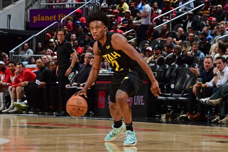 ATLANTA, GA - FEBRUARY 27: Colin Sexton #2 of the Utah Jazz dribbles the ball during the game against the Atlanta Hawks on February 27, 2024 at State Farm Arena in Atlanta, Georgia.  NOTE TO USER: User expressly acknowledges and agrees that, by downloading and/or using this Photograph, user is consenting to the terms and conditions of the Getty Images License Agreement. Mandatory Copyright Notice: Copyright 2024 NBAE (Photo by Scott Cunningham/NBAE via Getty Images)