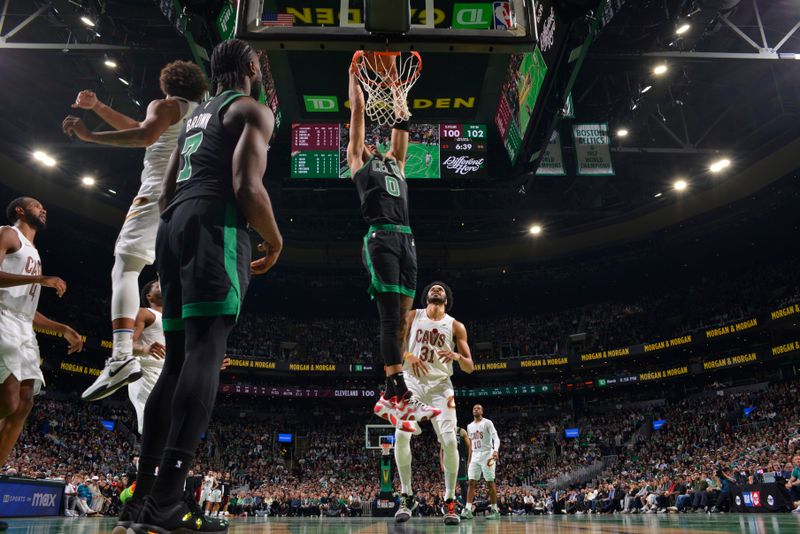 BOSTON, MA - NOVEMBER 19: Jayson Tatum #0 of the Boston Celtics dunks the ball during the game against the Cleveland Cavaliers during the Emirates NBA Cup game on November 19, 2024 at TD Garden in Boston, Massachusetts. NOTE TO USER: User expressly acknowledges and agrees that, by downloading and/or using this Photograph, user is consenting to the terms and conditions of the Getty Images License Agreement. Mandatory Copyright Notice: Copyright 2024 NBAE (Photo by Jesse D. Garrabrant/NBAE via Getty Images)