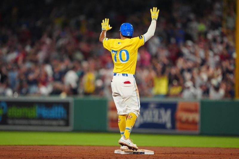 Jul 27, 2024; Boston, Massachusetts, USA; Boston Red Sox second baseman David Hamilton (70) reacts to hitting an RBI double against the New York Yankees during the seventh inning at Fenway Park. Mandatory Credit: Gregory Fisher-USA TODAY Sports