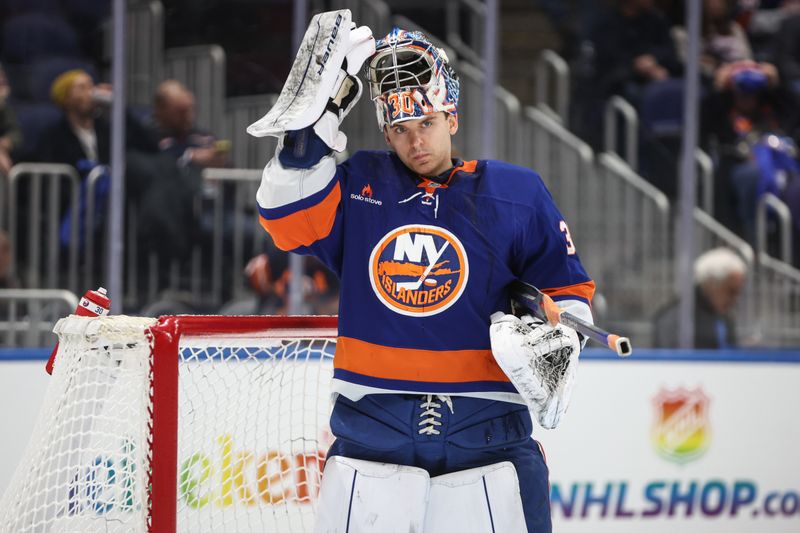 Jan 16, 2025; Elmont, New York, USA;  New York Islanders goaltender Ilya Sorokin (30) prepares to defend the goal against the Philadelphia Flyers at UBS Arena. Mandatory Credit: Wendell Cruz-Imagn Images