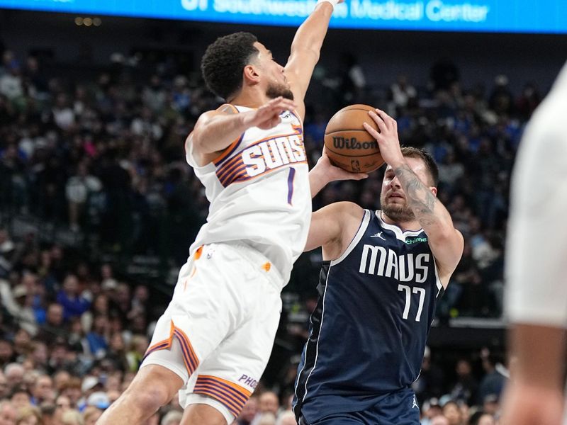 DALLAS, TX - NOVEMBER 8: Devin Booker #1 of the Phoenix Suns blocks the ball during the game against the Dallas Mavericks on November 6, 2024 at the American Airlines Center in Dallas, Texas. NOTE TO USER: User expressly acknowledges and agrees that, by downloading and or using this photograph, User is consenting to the terms and conditions of the Getty Images License Agreement. Mandatory Copyright Notice: Copyright 2024 NBAE (Photo by Glenn James/NBAE via Getty Images)