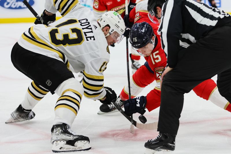 May 6, 2024; Sunrise, Florida, USA; Florida Panthers center Anton Lundell (15) and Boston Bruins center Charlie Coyle (13) face-off during the second period in game one of the second round of the 2024 Stanley Cup Playoffs at Amerant Bank Arena. Mandatory Credit: Sam Navarro-USA TODAY Sports