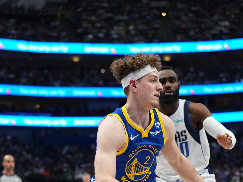 DALLAS, TX - MARCH 13: Brandin Podziemski #2 of the Golden State Warriors handles the ball during the game against the Dallas Mavericks on March 13, 2024 at the American Airlines Center in Dallas, Texas. NOTE TO USER: User expressly acknowledges and agrees that, by downloading and or using this photograph, User is consenting to the terms and conditions of the Getty Images License Agreement. Mandatory Copyright Notice: Copyright 2024 NBAE (Photo by Glenn James/NBAE via Getty Images)