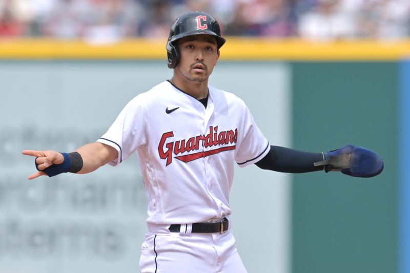 May 28, 2023; Cleveland, Ohio, USA; Cleveland Guardians left fielder Steven Kwan (38) celebrates after hitting an RBI double during the fifth inning against the St. Louis Cardinals at Progressive Field. Mandatory Credit: Ken Blaze-USA TODAY Sports