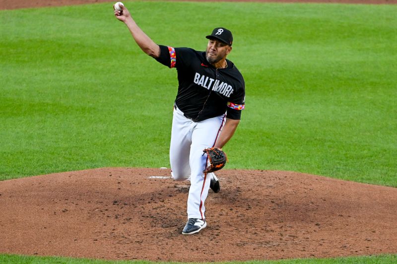 May 31, 2024; Baltimore, Maryland, USA;  Baltimore Orioles pitcher Albert Suárez (49) throws a second inning pitch against the Tampa Bay Rays at Oriole Park at Camden Yards. Mandatory Credit: Tommy Gilligan-USA TODAY Sports