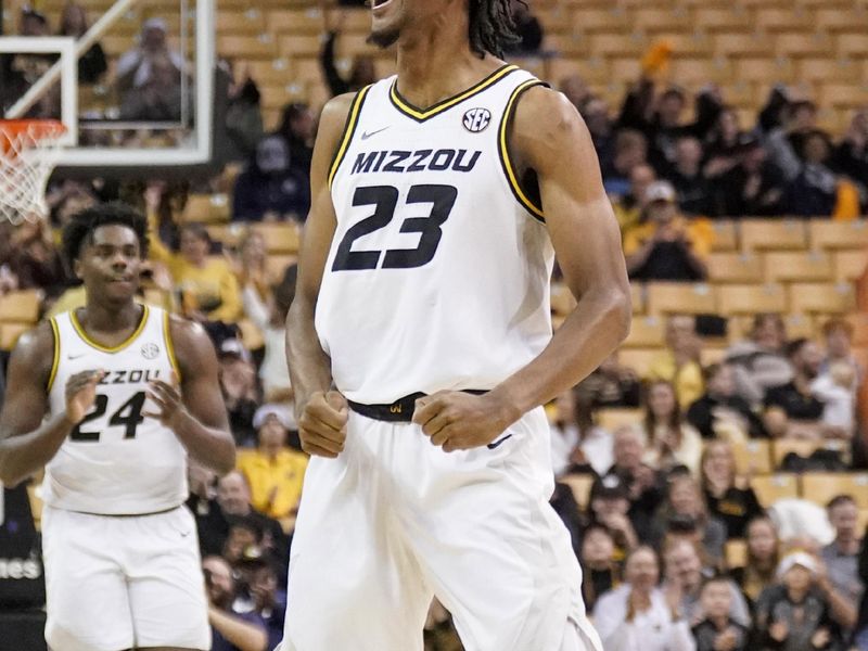 Dec 4, 2022; Columbia, Missouri, USA; Missouri Tigers forward Aidan Shaw (23) celebrates after a dunk against the Southeast Missouri State Redhawks during the first half at Mizzou Arena. Mandatory Credit: Denny Medley-USA TODAY Sports