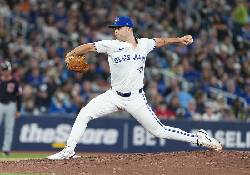 May 3, 2025; Toronto, Ontario, CAN; Toronto Blue Jays relief pitcher Mason Fluharty (68) throws a pitch against the Cleveland Guardians during the seven inning at Rogers Centre. Mandatory Credit: Nick Turchiaro-Imagn Images