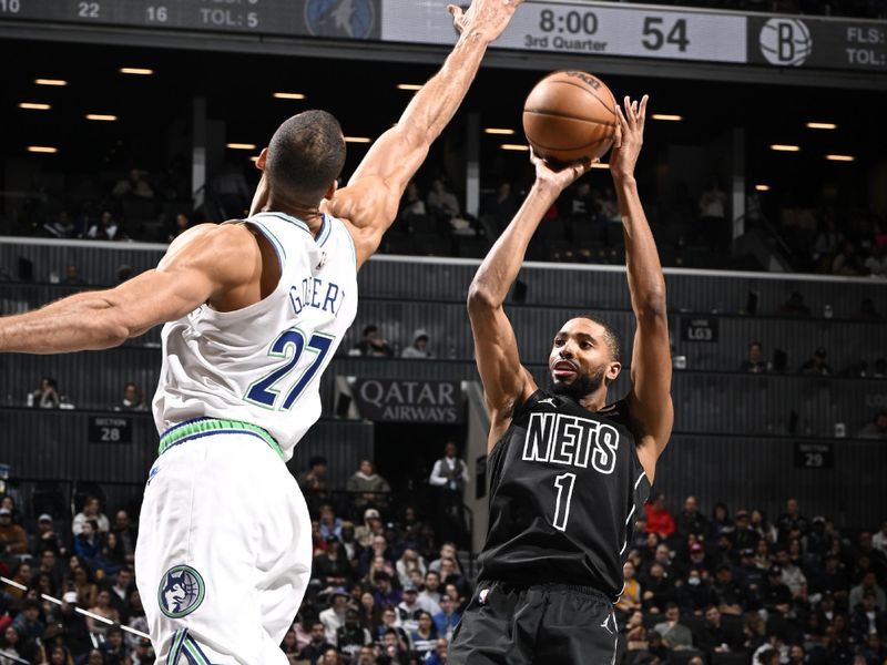 BROOKLYN, NY - JANUARY 25: Mikal Bridges #1 of the Brooklyn Nets shoots the ball during the game against the Minnesota Timberwolves on January 25, 2024 at Barclays Center in Brooklyn, New York. NOTE TO USER: User expressly acknowledges and agrees that, by downloading and or using this Photograph, user is consenting to the terms and conditions of the Getty Images License Agreement. Mandatory Copyright Notice: Copyright 2024 NBAE (Photo by David Dow/NBAE via Getty Images)