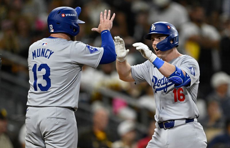 Oct 9, 2024; San Diego, California, USA; Los Angeles Dodgers catcher Will Smith (16) celebrates with third baseman Max Muncy (13) after hitting a two-run home run in the third inning against the San Diego Padres during game four of the NLDS for the 2024 MLB Playoffs at Petco Park.  Mandatory Credit: Denis Poroy-Imagn Images