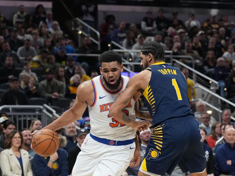 INDIANAPOLIS, IN - FEBRUARY 11: Karl-Anthony Towns #32 of the New York Knicks drives to the basket during the game against the Indiana Pacers on February 11, 2025 at Gainbridge Fieldhouse in Indianapolis, Indiana. NOTE TO USER: User expressly acknowledges and agrees that, by downloading and or using this Photograph, user is consenting to the terms and conditions of the Getty Images License Agreement. Mandatory Copyright Notice: Copyright 2025 NBAE (Photo by A.J. Mast/NBAE via Getty Images)