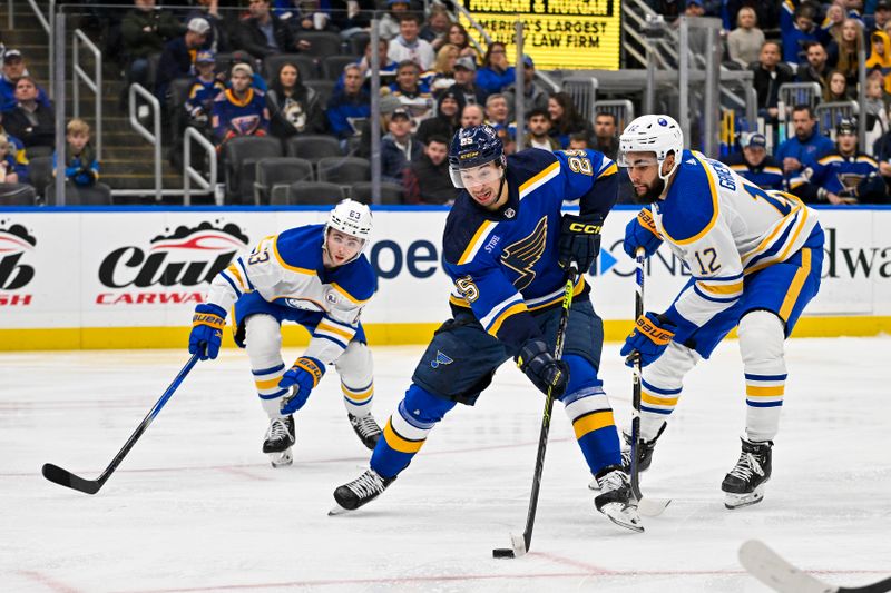 Nov 30, 2023; St. Louis, Missouri, USA;  St. Louis Blues center Jordan Kyrou (25) controls the puck against Buffalo Sabres left wing Jordan Greenway (12) and left wing Jeff Skinner (53) during the second period at Enterprise Center. Mandatory Credit: Jeff Curry-USA TODAY Sports