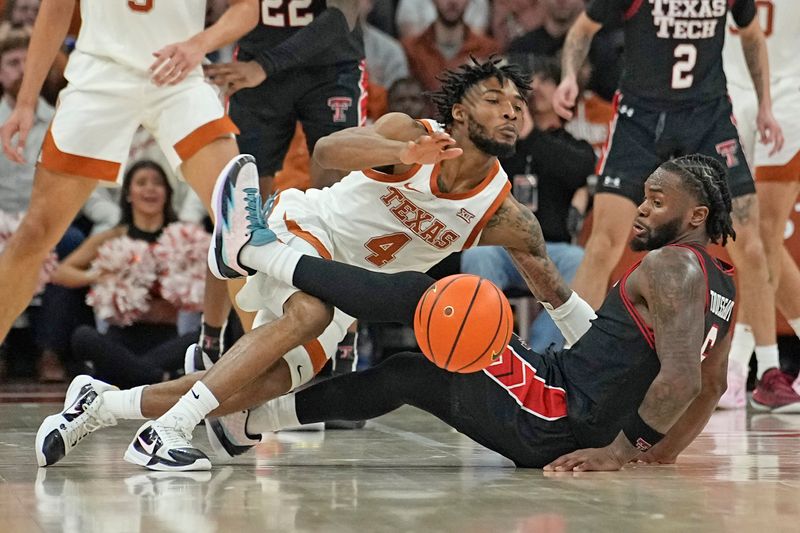 Jan 6, 2024; Austin, Texas, USA; Texas Longhorns guard Tyrese Hunter (4) draws a foul from Texas Tech Red Raiders guard Joe Toussaint (6) during the second half at Moody Center. Mandatory Credit: Scott Wachter-USA TODAY Sports