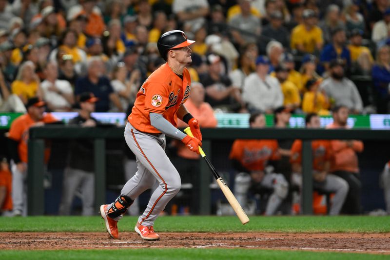 Aug 12, 2023; Seattle, Washington, USA; Baltimore Orioles designated hitter Ryan Mountcastle (6) hits an RBI single against the Seattle Mariners during the tenth inning at T-Mobile Park. Mandatory Credit: Steven Bisig-USA TODAY Sports