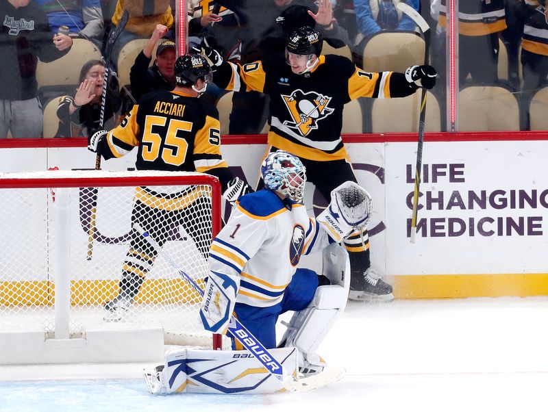 Oct 16, 2024; Pittsburgh, Pennsylvania, USA; Pittsburgh Penguins center Noel Acciari (55) and left wing Drew O'Connor (right) celebrate a short-handed goal by  O'Connor against Buffalo Sabres goaltender Ukko-Pekka Luukkonen (1) during the second period at PPG Paints Arena. Mandatory Credit: Charles LeClaire-Imagn Images