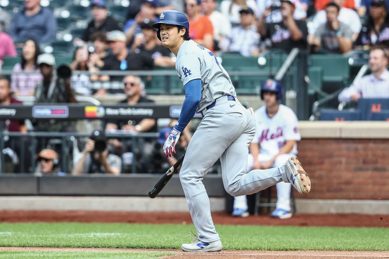 May 29, 2024; New York City, New York, USA;  Los Angeles Dodgers designated hitter Shohei Ohtani (17) reacts after flying out in the first inning against the New York Mets at Citi Field. Mandatory Credit: Wendell Cruz-USA TODAY Sports