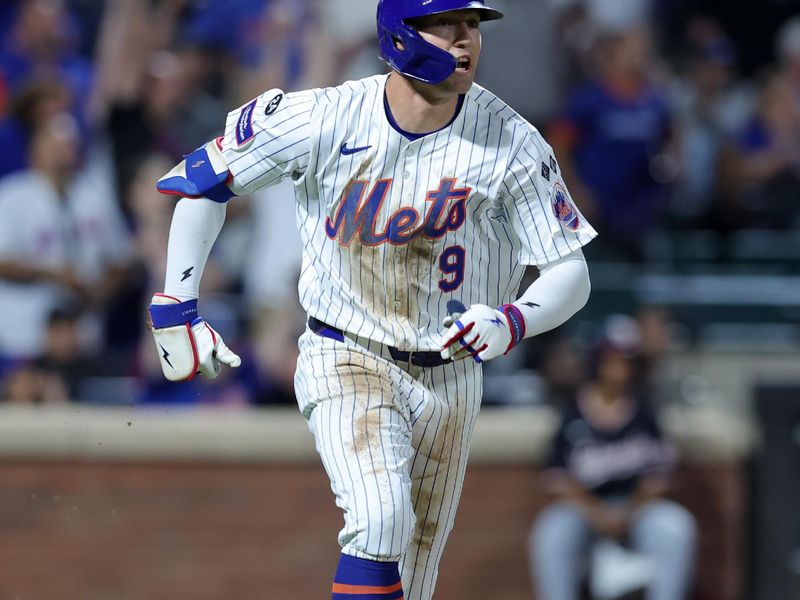 Sep 18, 2024; New York City, New York, USA; New York Mets left fielder Brandon Nimmo (9) rounds the bases after hitting a three run home run against the Washington Nationals during the fourth inning at Citi Field. Mandatory Credit: Brad Penner-Imagn Images