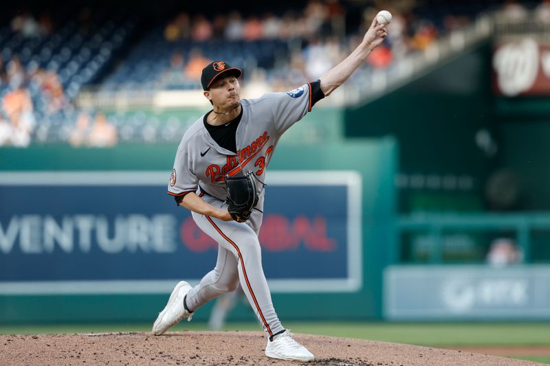 Apr 24, 2025; Washington, District of Columbia, USA; Baltimore Orioles starting pitcher Cade Povich (37) pitches against the Washington Nationals during the first inning at Nationals Park. Mandatory Credit: Geoff Burke-Imagn Images