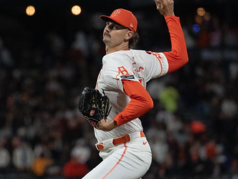 Aug 20, 2024; San Francisco, California, USA;  San Francisco Giants pitcher Sean Hjelle (64) pitches during the seventh inning against the Chicago White Sox at Oracle Park. Mandatory Credit: Stan Szeto-USA TODAY Sports