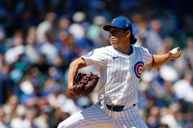 Aug 21, 2025; Chicago, Illinois, USA; Chicago Cubs starting pitcher Shota Imanaga (18) delivers a pitch against the Milwaukee Brewers during the first inning at Wrigley Field. Mandatory Credit: Kamil Krzaczynski-Imagn Images