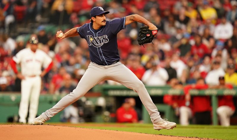 May 13, 2024; Boston, Massachusetts, USA; Tampa Bay Rays starting pitcher Zach Eflin (24) throws a pitch against the Boston Red Sox in the first inning at Fenway Park. Mandatory Credit: David Butler II-USA TODAY Sports