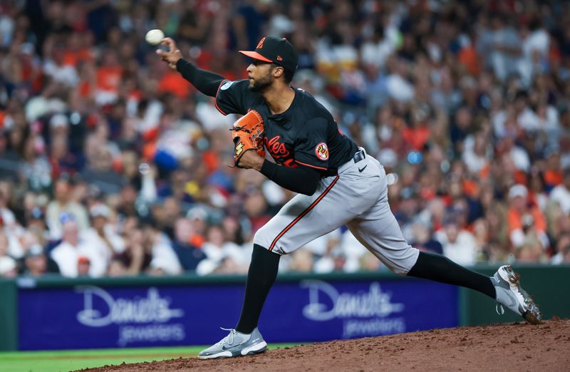 Jun 21, 2024; Houston, Texas, USA; Baltimore Orioles relief pitcher Dillon Tate (55) pitches against the Houston Astros in the sixth inning at Minute Maid Park. Mandatory Credit: Thomas Shea-USA TODAY Sports