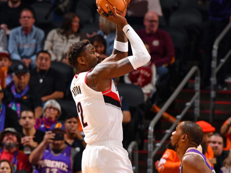 PHOENIX, AZ - NOVEMBER 2: Deandre Ayton #2 of the Portland Trail Blazers shoots the ball during the game against the Phoenix Suns on November 2, 2024 at Footprint Center in Phoenix, Arizona. NOTE TO USER: User expressly acknowledges and agrees that, by downloading and or using this photograph, user is consenting to the terms and conditions of the Getty Images License Agreement. Mandatory Copyright Notice: Copyright 2024 NBAE (Photo by Barry Gossage/NBAE via Getty Images)