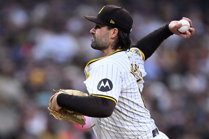 Jul 6, 2024; San Diego, California, USA; San Diego Padres starting pitcher Matt Waldron (61) pitches against the Arizona Diamondbacks during the third inning at Petco Park. Mandatory Credit: Orlando Ramirez-USA TODAY Sports